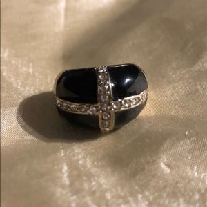 Black Enamel & Crystal Silver Ring- size 7